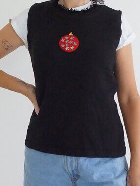 Vintage Storybook Knits Black Ornament Stars Sequin Ugly Christmas Vest S